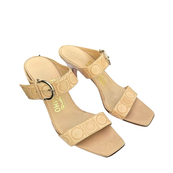 Salvatore Ferragamo Beige Signature Pattern Leather Heeled Buckle Sandal Women’s - Picture 8 of 17